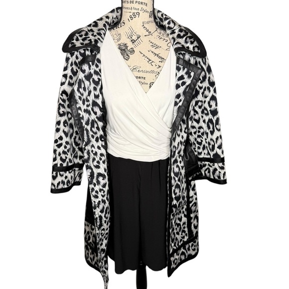 Arden B. Leather Trim Leopard Animal Print Belted Trench Coat Size L Black White - Picture 5 of 15